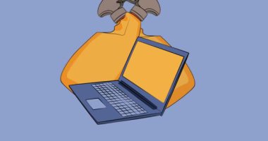 Çizgi film dizüstü bilgisayarı, çizgi roman defteri, pencere temizleyicisi, temizlik ürünleri. Retro çizgi roman pop sanat animasyonu.