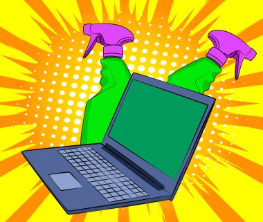 Çizgi film dizüstü bilgisayarı, çizgi roman defteri, pencere temizleyicisi, temizlik ürünleri. Retro vektör çizgi romanları pop sanat tasarımı.