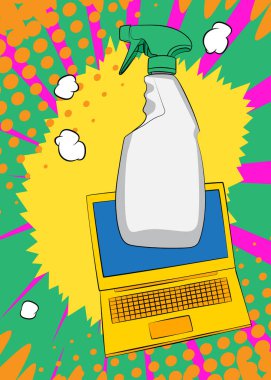 Çizgi film dizüstü bilgisayarı, çizgi roman defteri, pencere temizleyicisi, temizlik ürünleri. Retro vektör çizgi romanları pop sanat tasarımı.