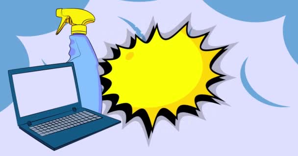 Cartoon Laptop Caderno Quadrinhos Com Arruela Janela Produto Limpeza Retro — Vídeo de Stock