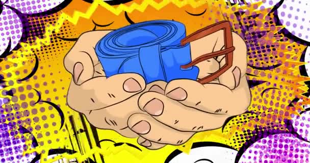 Cartoon Comic Buch Menschliche Hände Halten Men Gürtel Retro Video — Stockvideo