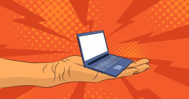 Çizgi film, çizgi roman insan eli dizüstü bilgisayar. Retro vektör çizgi romanları pop sanat tasarımı.