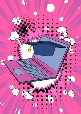 Cartoon Laptop, comic book Notebook with Graduation Hat. Retro vector comics pop art design.