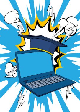 Cartoon Laptop, comic book Notebook with Graduation Hat. Retro vector comics pop art design.