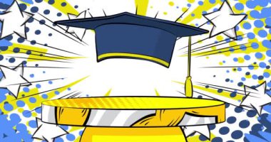 Comic Book Product sahne animasyonu. Mezuniyet Mortarboard sunumu için. Retro çizgi roman arkaplan videosu.