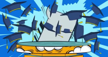 Comic Book Product sahne animasyonu. Mezuniyet Mortarboard sunumu için. Retro çizgi roman arkaplan videosu.