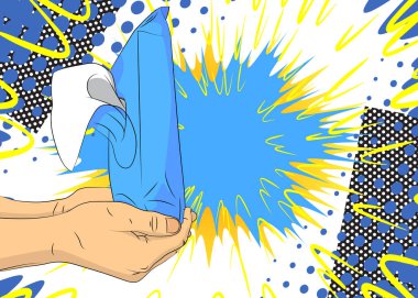 Çizgi film, çizgi roman insan eli ıslak mendil. Retro vektör çizgi romanları pop sanat tasarımı.