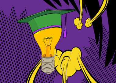 Çizgi film mezuniyet şapkası, bir ampul, çizgi roman eğitimi. Retro vektör çizgi romanları pop sanat tasarımı.