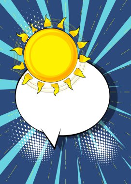 Boş konuşma balonlu çizgi film Summer Sun, çizgi roman Sunny background. Retro vektör çizgi romanları pop sanat tasarımı.