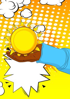 Çizgi film, çizgi roman insan eli Summer Sun 'ı tutuyor. Retro vektör çizgi romanları pop sanat tasarımı.