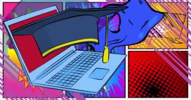 Dizüstü bilgisayar, Mezuniyet Şapkalı Çizgi Roman Defteri. Retro çizgi roman pop sanat animasyonu.