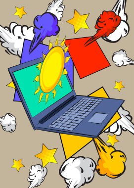 Dizüstü bilgisayar, çizgi roman, Summer Sun. Retro vektör çizgi romanları pop sanat tasarımı.