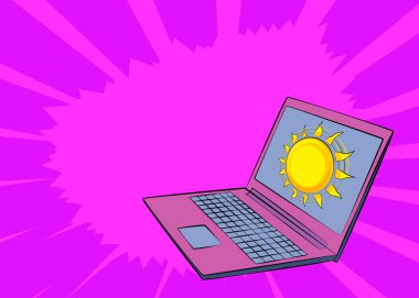 Dizüstü bilgisayar, çizgi roman, Summer Sun. Retro vektör çizgi romanları pop sanat tasarımı.