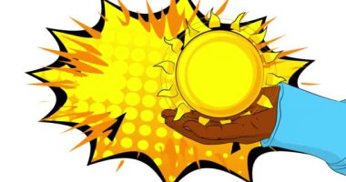 Çizgi film, çizgi roman insan eli Summer Sun 'ı tutuyor. Retro video, çizgi roman pop sanat animasyonu.