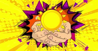 Çizgi film, çizgi roman insan eli Summer Sun 'ı tutuyor. Retro video, çizgi roman pop sanat animasyonu.