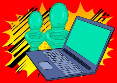 Çizgi film dizüstü bilgisayarı, sifon tuvaletli çizgi roman defteri. Retro vektör çizgi romanları pop sanat tasarımı.