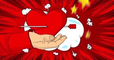 Çizgi roman, çizgi roman insan eli, Heart with Arrow. Retro video, çizgi roman pop sanat animasyonu.