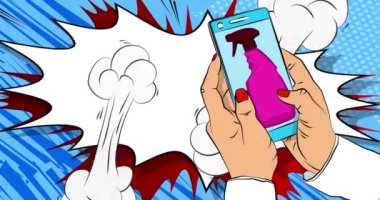Çizgi film, akıllı telefon, çizgi roman, pencere temizleyicisiyle telefon, temizlik ürünleri. Retro animasyon, çizgi roman pop sanat videosu.