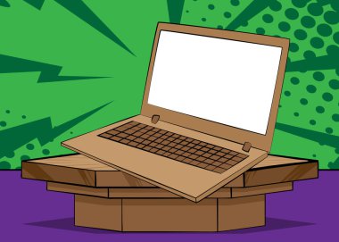 Çizgi roman defteri, sunum için dizüstü bilgisayar ürünü podyumu. Retro çizgi roman arkaplanı.