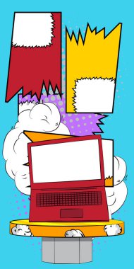 Çizgi roman defteri, sunum için dizüstü bilgisayar ürünü podyumu. Retro çizgi roman arkaplanı.