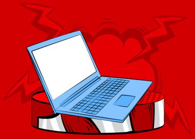 Çizgi roman defteri, sunum için dizüstü bilgisayar ürünü podyumu. Retro çizgi roman arkaplanı.