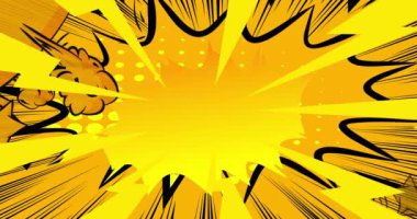 Sarı çizgi film arkaplan animasyonu, çizgi roman arka plan videosu. Retro vektör çizgi romanları pop sanat tasarımı.