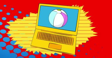Çizgi dizüstü bilgisayar, Beach Ball 'lu çizgi roman defteri. Retro çizgi roman pop sanat animasyonu.