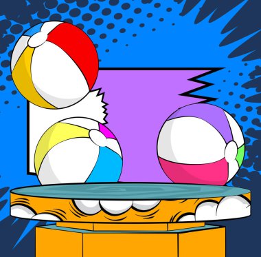 Beach Ball 'un sunumu için Comic Book Product podyumu. Retro çizgi roman arkaplanı.