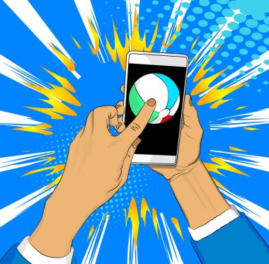 Çizgi film Smartphone, Beach Ball 'lu çizgi roman telefonu. Retro vektör çizgi romanları pop sanat tasarımı.