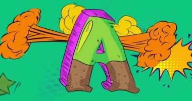 Çizgi roman harfi A, çizgi roman alfabesi videosu. Retro çizgi roman pop sanat tasarımı animasyonu.