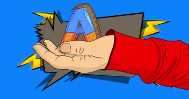 Çizgi film, çizgi roman, insan eli, A harfi. Retro video, çizgi roman, pop sanat animasyonu..