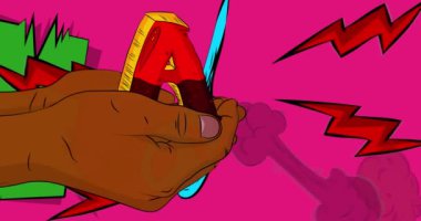 Çizgi film, çizgi roman, insan eli, A harfi. Retro video, çizgi roman, pop sanat animasyonu..