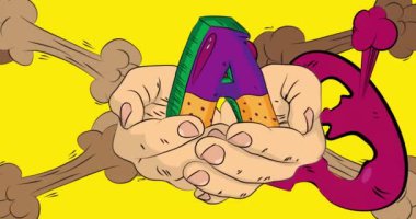 Çizgi film, çizgi roman, insan eli, A harfi. Retro video, çizgi roman, pop sanat animasyonu..