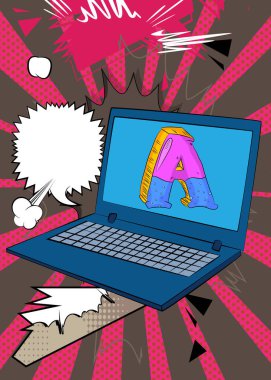 Çizgi film dizüstü bilgisayarı, A harfi ile çizgi roman defteri. Retro vektör çizgi romanı, pop sanat tasarımı..