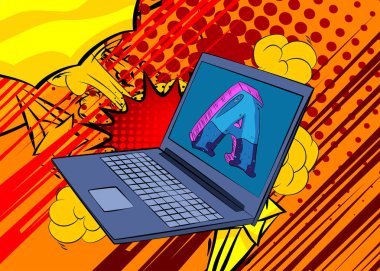 Çizgi film dizüstü bilgisayarı, A harfi ile çizgi roman defteri. Retro vektör çizgi romanı, pop sanat tasarımı..