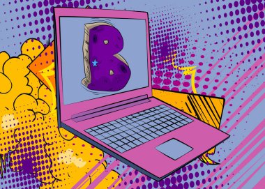Çizgi dizüstü bilgisayar, B harfli çizgi roman defteri vektör çizgi romanı, pop sanat tasarımı..