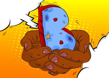 Çizgi roman, çizgi roman insan eli. B harfi. Retro vektör çizgi romanı, pop sanat tasarımı..