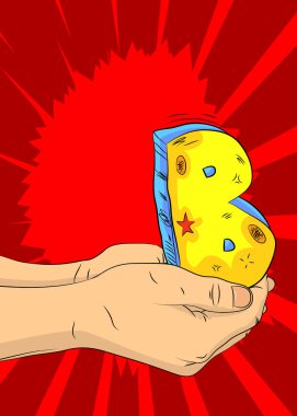 Çizgi roman, çizgi roman insan eli. B harfi. Retro vektör çizgi romanı, pop sanat tasarımı..