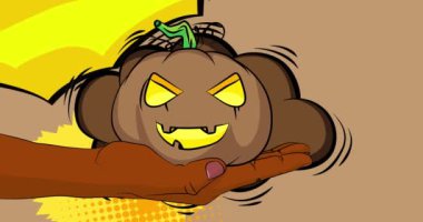 Çizgi film, çizgi roman insan eli Jack O 'Lantern' i tutuyor. Retro video, çizgi roman pop sanat animasyonu.