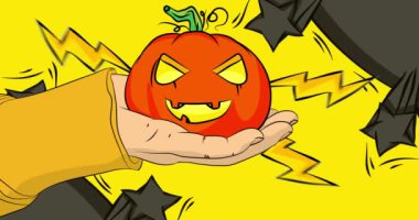 Çizgi film, çizgi roman insan eli Jack O 'Lantern' i tutuyor. Retro video, çizgi roman pop sanat animasyonu.