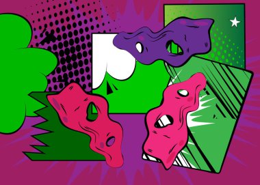 Çizgi film yeşil ve mor arka plan, çizgi roman soyut arkaplan. Retro vektör çizgi romanları pop sanat tasarımı.