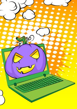Çizgi film dizüstü bilgisayarı, Cadılar Bayramı Jack O 'Lantern Balkabağı ile çizgi roman defteri. Retro vektör çizgi romanları pop sanat tasarımı.