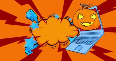 Çizgi film dizüstü bilgisayarı, Cadılar Bayramı Jack O 'Lantern Balkabağı ile çizgi roman defteri. Retro çizgi roman pop sanat animasyonu.