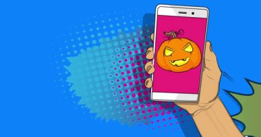 Çizgi film Smartphone, Cadılar Bayramı Balkabağı ile çizgi roman telefonu. Retro Jack O 'Lantern animasyonu, çizgi roman pop sanat videosu.
