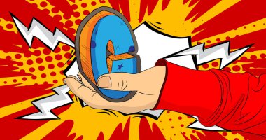 Çizgi roman, çizgi roman insan eli. C harfi. Retro vektör çizgi romanı, pop sanat tasarımı..