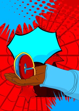 Çizgi roman, çizgi roman insan eli. C harfi. Retro vektör çizgi romanı, pop sanat tasarımı..