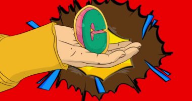 Çizgi film, çizgi roman, insan eli, C harfi. Retro video, çizgi roman, pop sanat animasyonu..