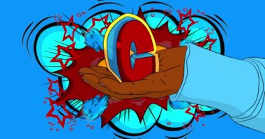 Çizgi film, çizgi roman, insan eli, C harfi. Retro video, çizgi roman, pop sanat animasyonu..