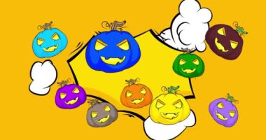 Çizgi film küçük bir sürü Jack O 'Lantern, çizgi roman Cadılar Bayramı videosu. Retro çizgi roman pop sanat tasarımı animasyonu.