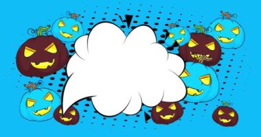 Boş konuşma balonlu birçok Cadılar Bayramı Balkabağı çizgi filmi, çizgi roman Jack O 'Lantern animasyonu. Retro video çizgi roman pop sanat tasarımı.